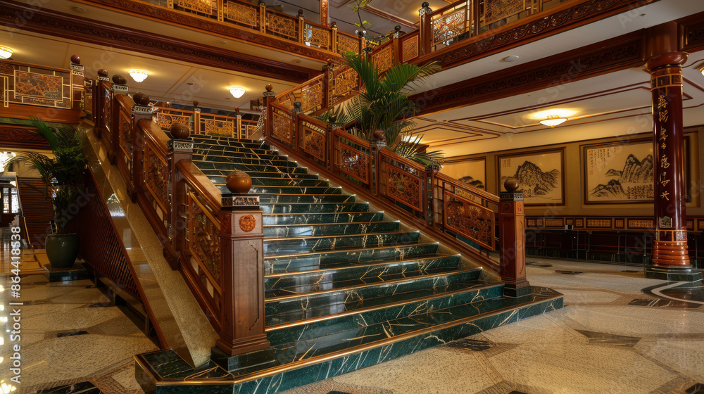 Fototapeta premium A large, ornate staircase leads up to a room with a chandelier