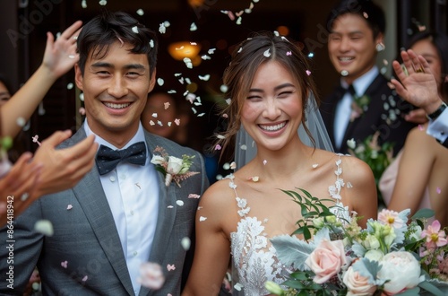Bride and Groom Exit Church With Confetti Shower After Wedding Ceremony