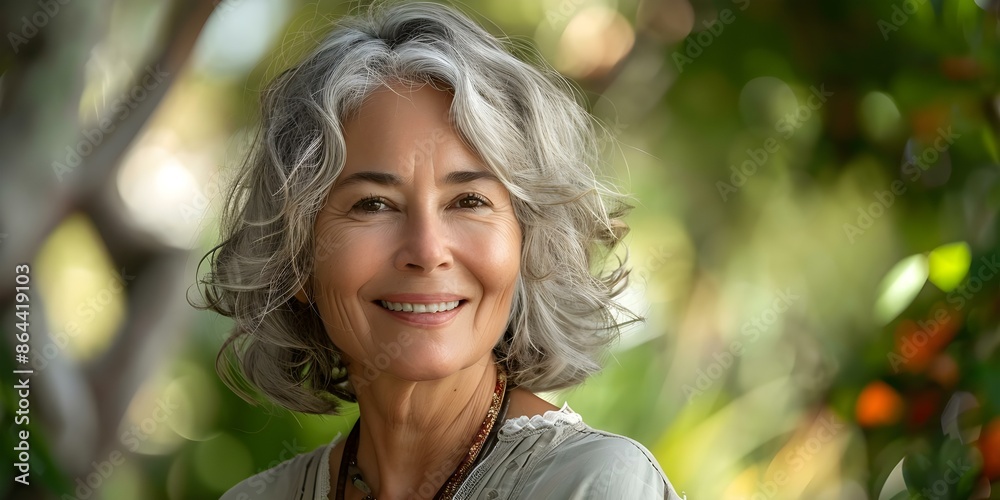 Elderly woman with healthy skin and grey hair smiling in natural light. Concept Natural Light Portraits, Elderly Beauty, Grey Hair Glow, Healthy Aging Smile Elderly woman with healthy skin and grey hair smiling in natural light. Concept Natural Light Portraits, Elderly Beauty, Grey Hair Glow, Healthy Aging Smile