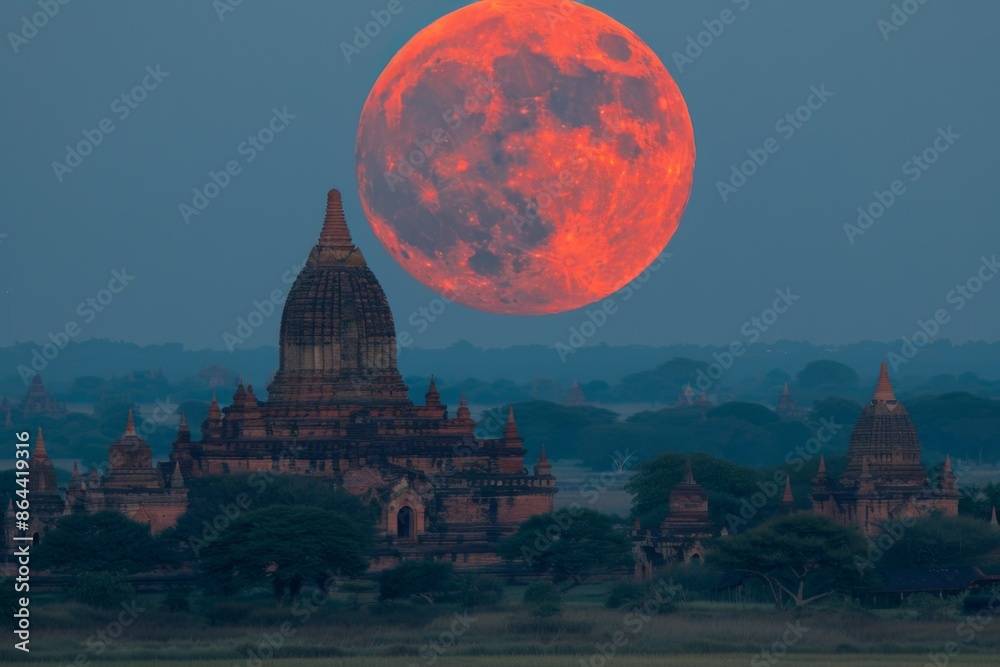 Obraz premium Majestic Temple Silhouette Under a Blood Moon
