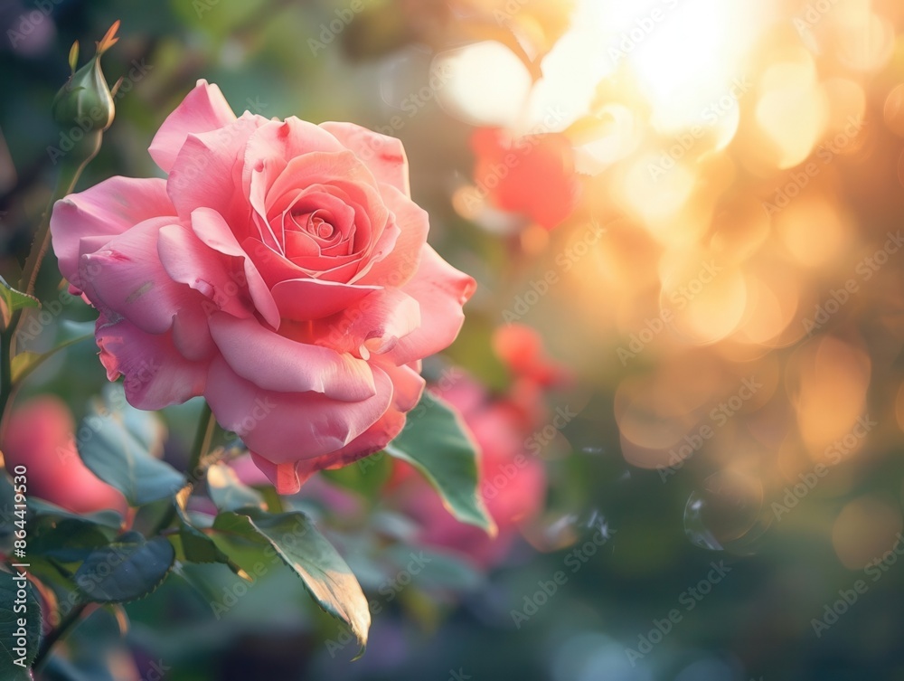 Rose in summer garden, pink petals, lush floral scene, creative banner, gentle sunlight, clear copyspace, natural charm