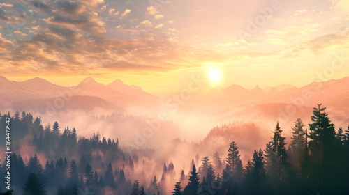 Nature forest Natural pine forest mountains horizon. Landscape wallpaper. Sunrise and sunset. Colorful view background.