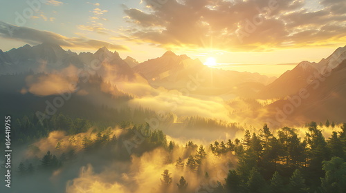 Nature forest Natural pine forest mountains horizon. Landscape wallpaper. Sunrise and sunset. Colorful view background. photo