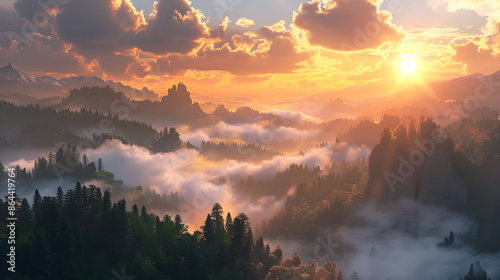 Nature forest Natural pine forest mountains horizon. Landscape wallpaper. Sunrise and sunset. Colorful view background. photo