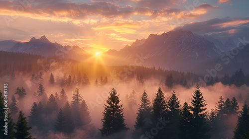 Nature forest Natural pine forest mountains horizon. Landscape wallpaper. Sunrise and sunset. Colorful view background. photo
