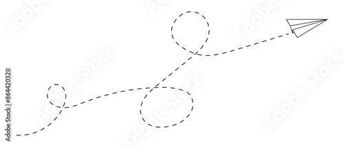 Handmade paper plane with trace dashed line. Travel, journey or vacation concept. Message or letter symbol. Delivery or destination sign isolted on white background. Vector outline illustration.