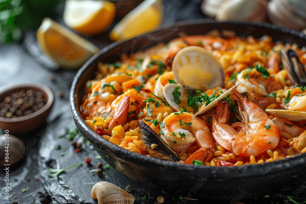 Seafood Paella in Rustic Setting