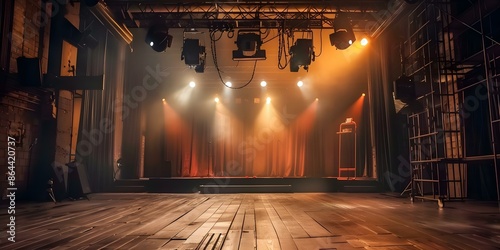 Live theater production with stage rigging lighting and sound equipment in venue. Concept Theater Production, Stage Rigging, Lighting Equipment, Sound System, Venue Selection photo