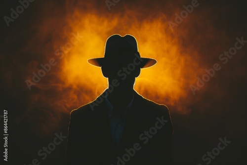 Mysterious Figure in Hat Backlit by Orange Glow