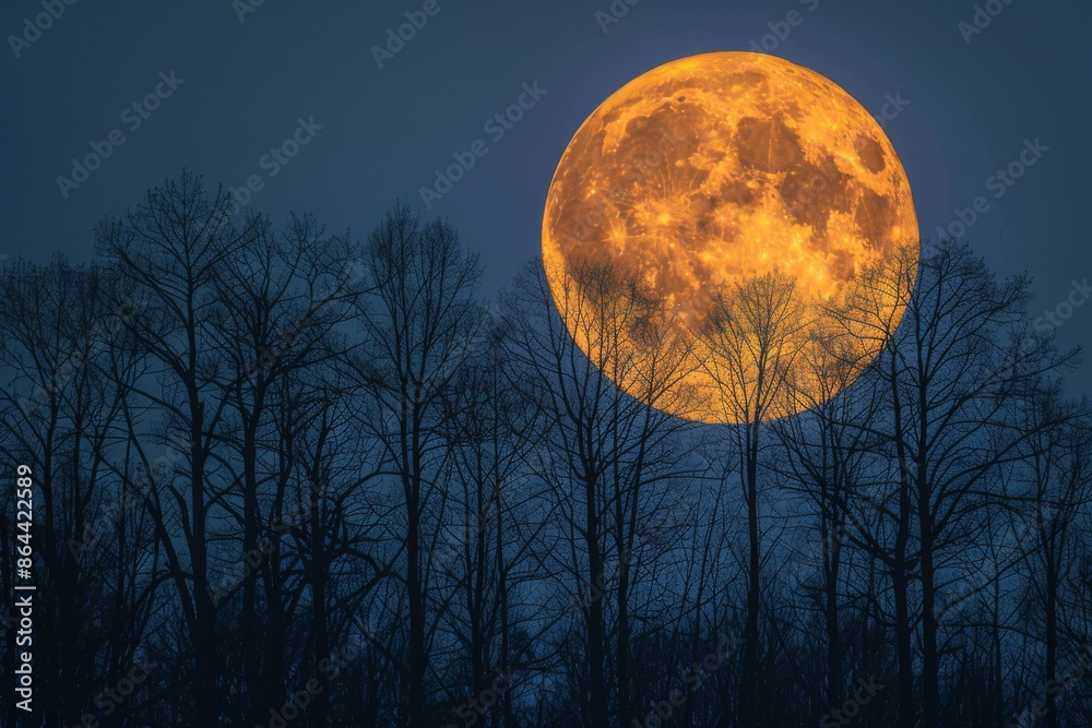 Naklejka premium Stunning Full Moon Over a Forest Silhouette