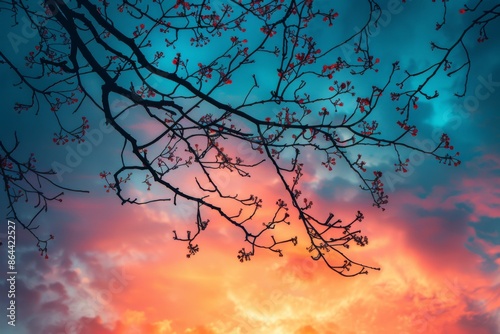 Vibrant Sky and Tree Silhouette with Blossoms at Sunset