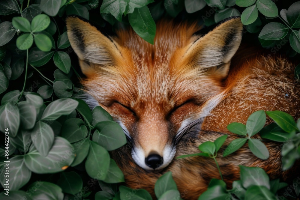 Naklejka premium Sleeping Fox in Lush Green Foliage