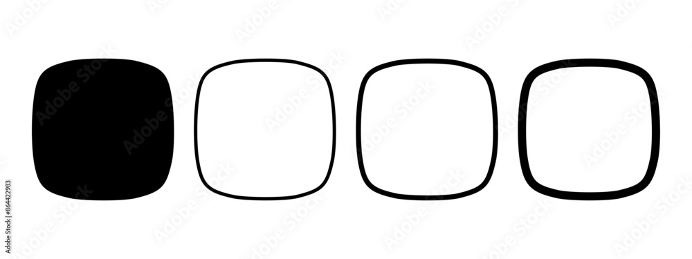 Set of squircles or squares shapes and frames with rounded borders. Simple geometric forms isolated on white background. Tags, boxes or buttons with blank space. Vector graphic illustration. Set of squircles or squares shapes and frames with rounded borders. Simple geometric forms isolated on white background. Tags, boxes or buttons with blank space. Vector graphic illustration.