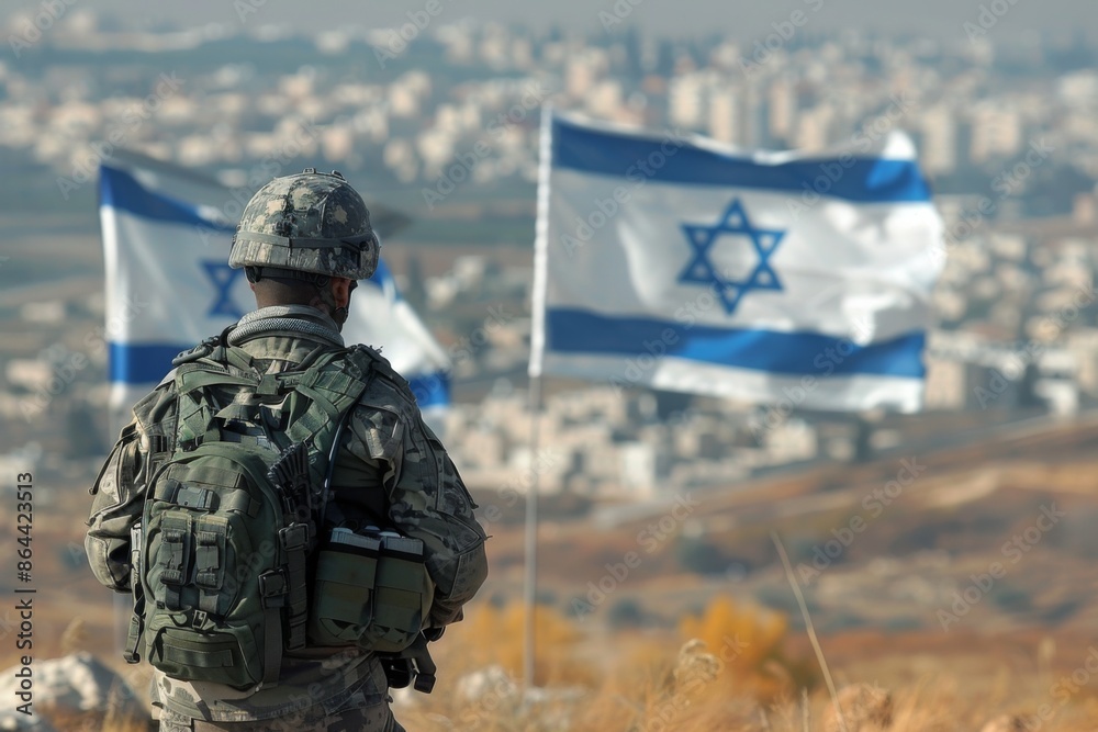 Fototapeta premium Israeli Soldier Overlooking City with Flags