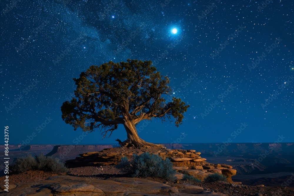 Nighttime Desert Landscape with Lone Tree Nighttime Desert Landscape with Lone Tree