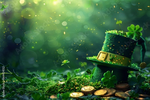 Leprechaun Hat in Mystical Forest with Gold Coins