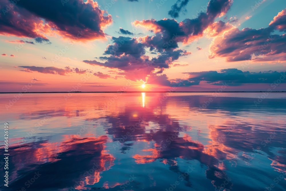 Sunset Over Calm Lake With Reflected Clouds Sunset Over Calm Lake With Reflected Clouds
