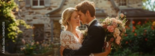 Bride And Groom Embracing In Front Of Stone House On Sunny Day