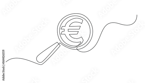 continuous line magnifying glass and euro icon.one line drawing making money through business.single line vector.isolated white background