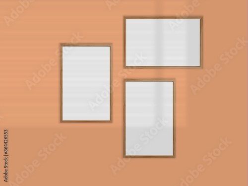 Vertical picture frames mockup with wal, Sunlight.