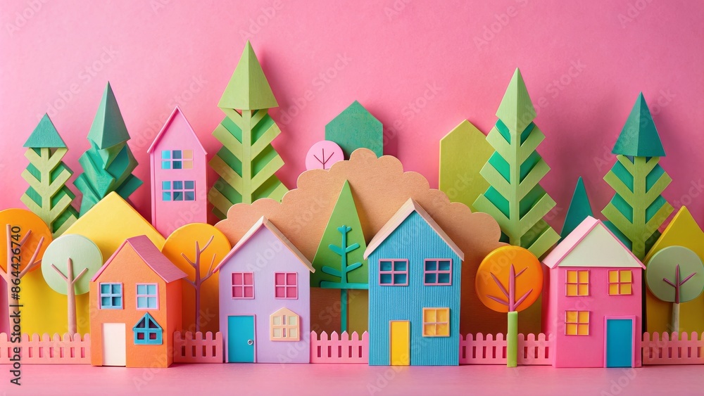 Papercraft Town on Pink Background