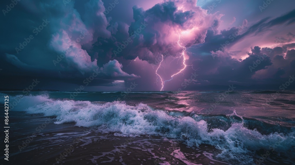 Fototapeta premium A lightning bolt hitting the ocean on a stormy day