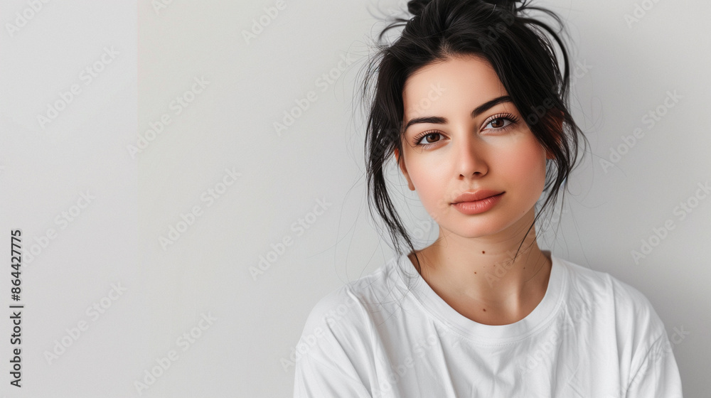 Portrait of a serene young woman with dark hair, wearing a simple white t-shirt, against a light background Portrait of a serene young woman with dark hair, wearing a simple white t-shirt, against a light background