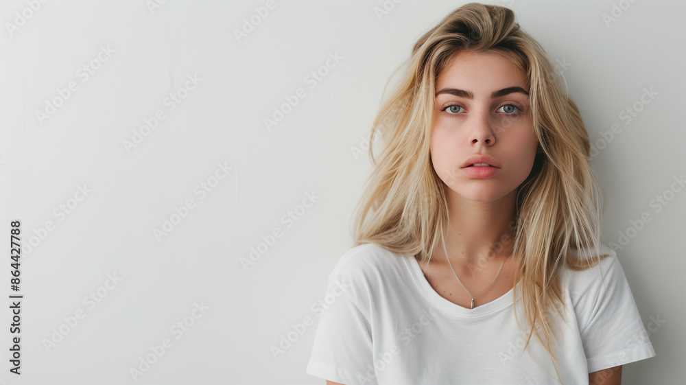Natural portrait of a beautiful young woman with long blonde hair and blue eyes, wearing a white t-shirt on a plain background Natural portrait of a beautiful young woman with long blonde hair and blue eyes, wearing a white t-shirt on a plain background