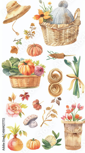 A watercolor painting of a variety of autumn items © Maria Starus