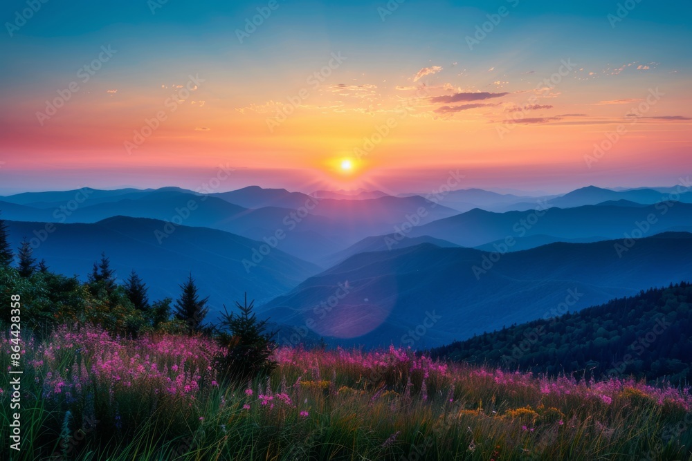 Breathtaking Mountain Sunset Over Flowering Meadow Breathtaking Mountain Sunset Over Flowering Meadow