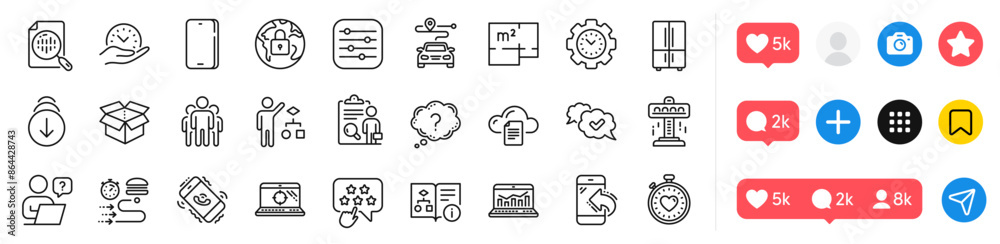 Floor plan, Inspect and Online question line icons pack. Social media ...