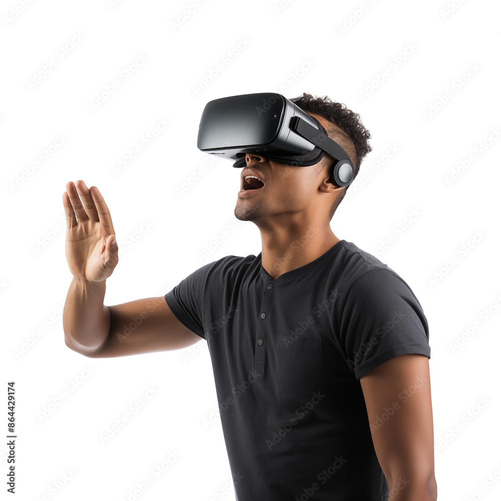 Young man using virtual reality headset isolated on white