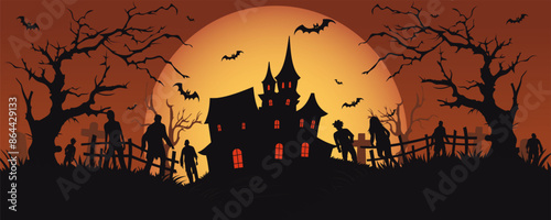 Halloween zombies in a cemetery, bats, a scary castle against the backdrop of a creepy big orange moon. Holiday flyer, poster or banner. Vector illustration. The living Dead.