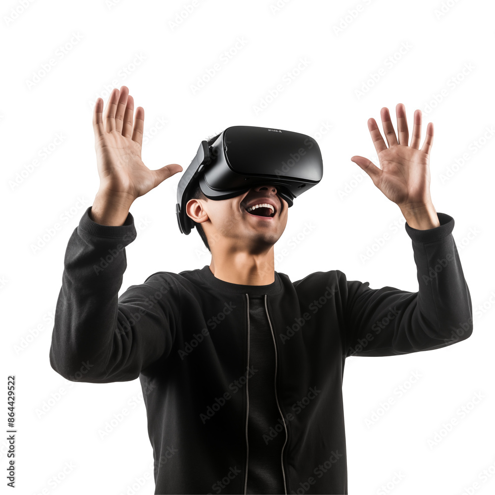 Young man using virtual reality headset isolated on white Young man using virtual reality headset isolated on white
