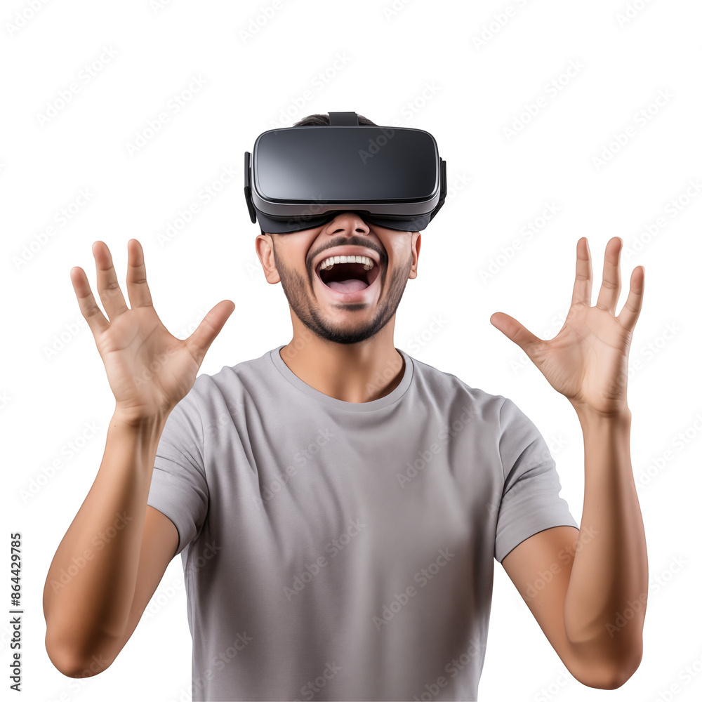 Young man using virtual reality headset isolated on white Young man using virtual reality headset isolated on white