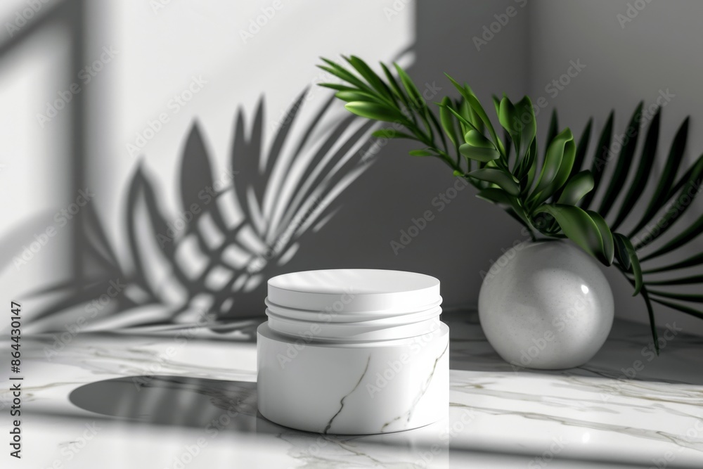 Minimalist Skincare Jar on Marble Surface with Green Plant Minimalist Skincare Jar on Marble Surface with Green Plant