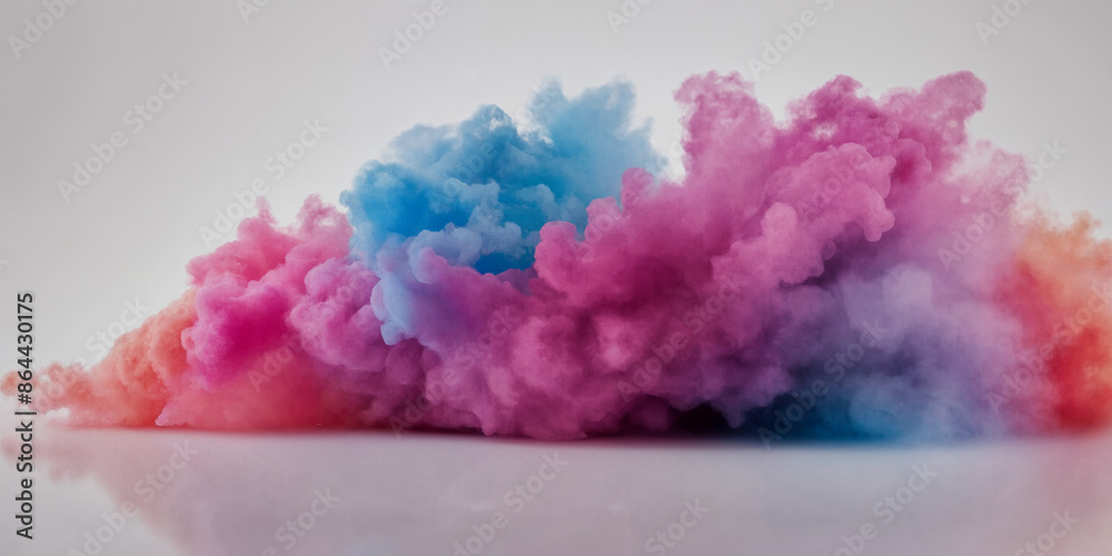 Ein verträumtes Bild einer bunten Rauchwolke, die sich in weichen Rosa, Blau und Lila Tönen auf einer reflektierenden Oberfläche entfaltet und eine sanfte, beruhigende Atmosphäre schafft Ein verträumtes Bild einer bunten Rauchwolke, die sich in weichen Rosa, Blau und Lila Tönen auf einer reflektierenden Oberfläche entfaltet und eine sanfte, beruhigende Atmosphäre schafft