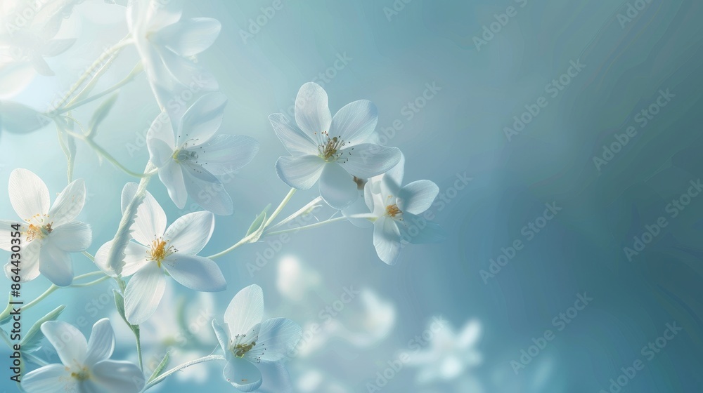 Delicate white flowers in bloom with soft blue bokeh background. Peaceful nature photography. Delicate white flowers in bloom with soft blue bokeh background. Peaceful nature photography.
