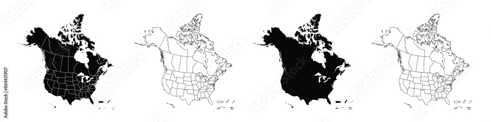 Naklejka premium Detailed vector map of North America with states and provinces. Map of The USA and Canada: Detailed, Editable, Black, Transparent and White Versions.