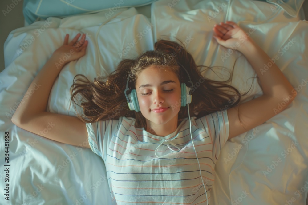 Fototapeta premium Girl Relaxing with Headphones in Bed