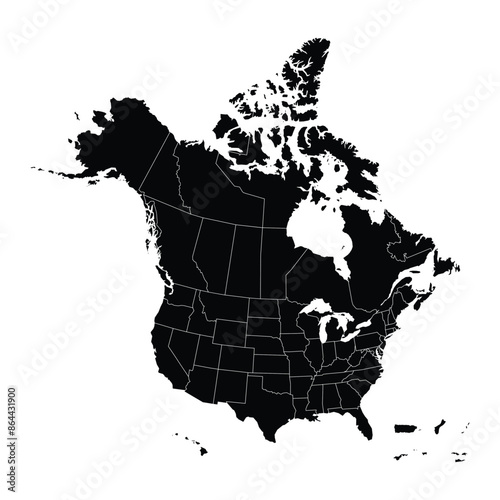 Detailed vector map of The USA and Canada with state and province borders. Detailed North America Political Map Showing US States and Canadian Provinces.