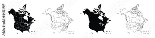 Detailed vector map of North America with states and provinces. Map of The USA and Canada: Detailed, Editable, Black, Transparent and White Versions.