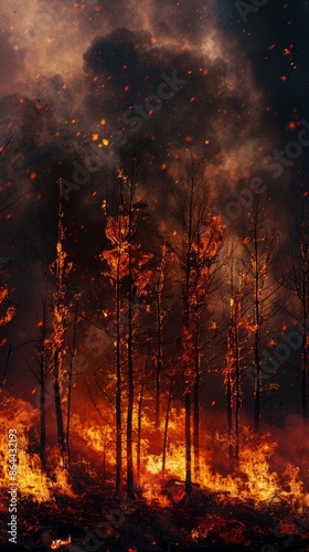 Forest fire at night with intense flames and smoke, environmental disaster concept © iVGraphic