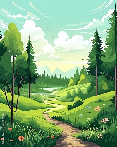 A serene landscape illustration of a lush green forest with a winding path, clear sky, and distant mountains.