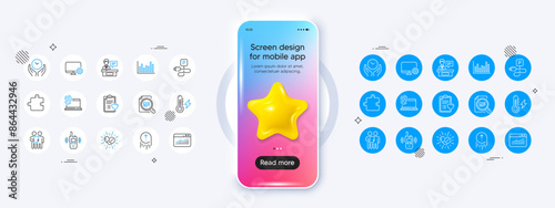 Bar diagram, Website statistics and Patient history line icons. Phone mockup with 3d star icon. Pack of Safe time, Survey, Check article icon. Vector