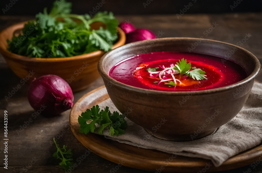 Borscht in a plate, rustic style dinner Borscht in a plate, rustic style dinner