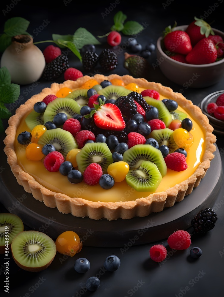 Vibrant Mixed Fruit Tart with Kiwi, Berries, and Peach Glaze.