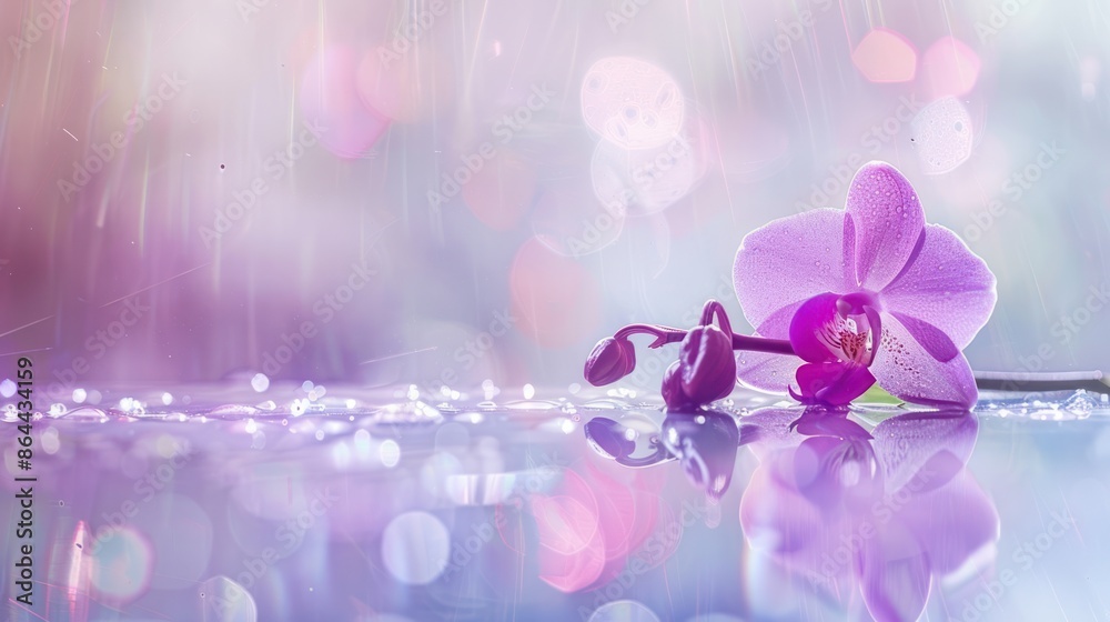 Pink Orchid on a Reflective Surface with a Light Purple Background Pink Orchid on a Reflective Surface with a Light Purple Background