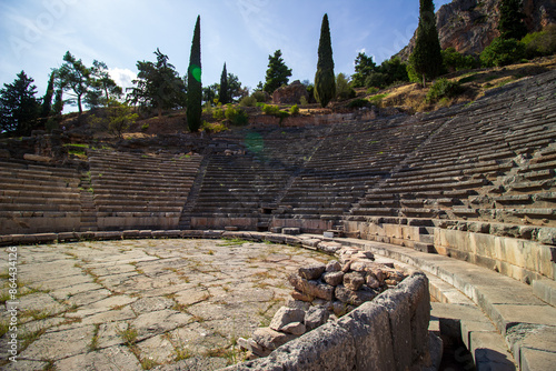 Ancient amphitheater of Delphi. Famous Archaeological site in Greece. God of Appollo temple. View of the ancient amphitheater. photo