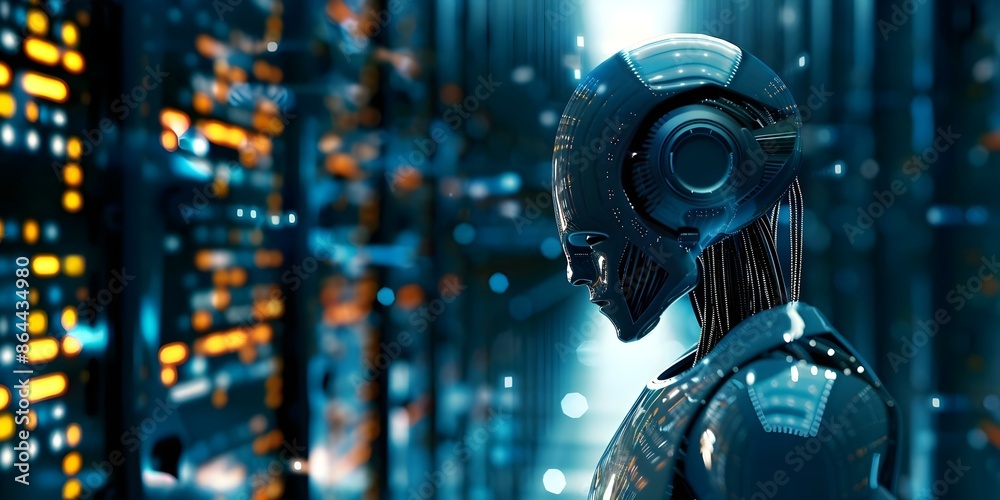 Data center threat Strong artificial intelligence poses risk to humanitys future. Concept Artificial Intelligence, Data Security, Future Risks, Technology Impact, Ethics Concerns Data center threat Strong artificial intelligence poses risk to humanitys future. Concept Artificial Intelligence, Data Security, Future Risks, Technology Impact, Ethics Concerns